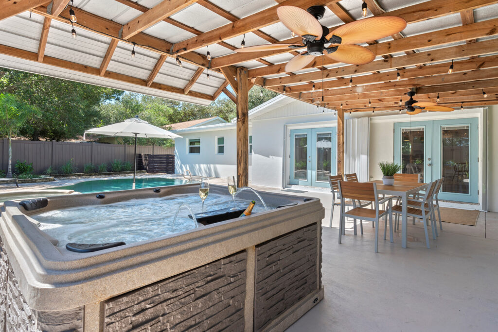 Relaxing Island Escape with heated saltwater pool and pergola hot tub